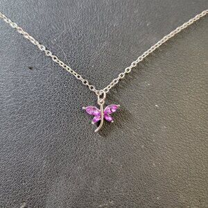Dragonfly 18" Stainless Silver Necklace Peacock Purple